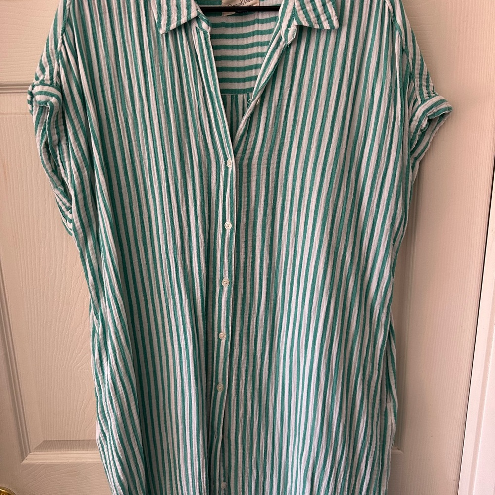 Universal Thread Teal and White Striped Button-Down Shirt Dress